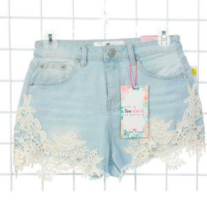 Blue Jean Short Shorts High Rise Cut Off Jean Fringe & Lace Shorts